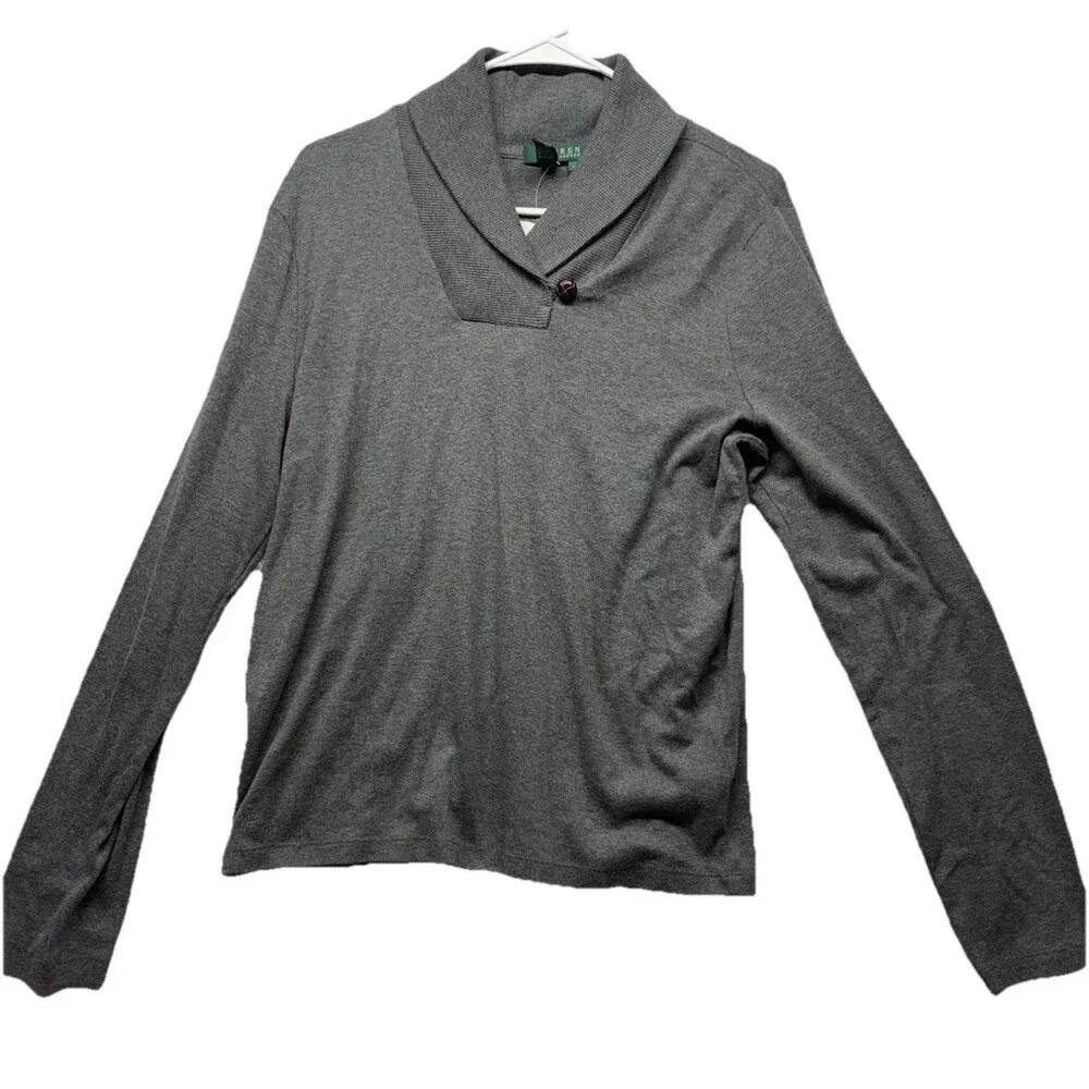 Lauren Ralph Lauren Gray Cotton Shawl Collar Toggle Button Sweater Womens Large
